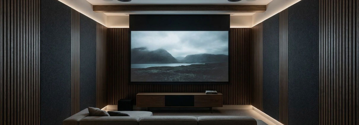 Professionell Dolby Atmos installation i dedikerad hemmabio med takhögtalare och akustikpaneler